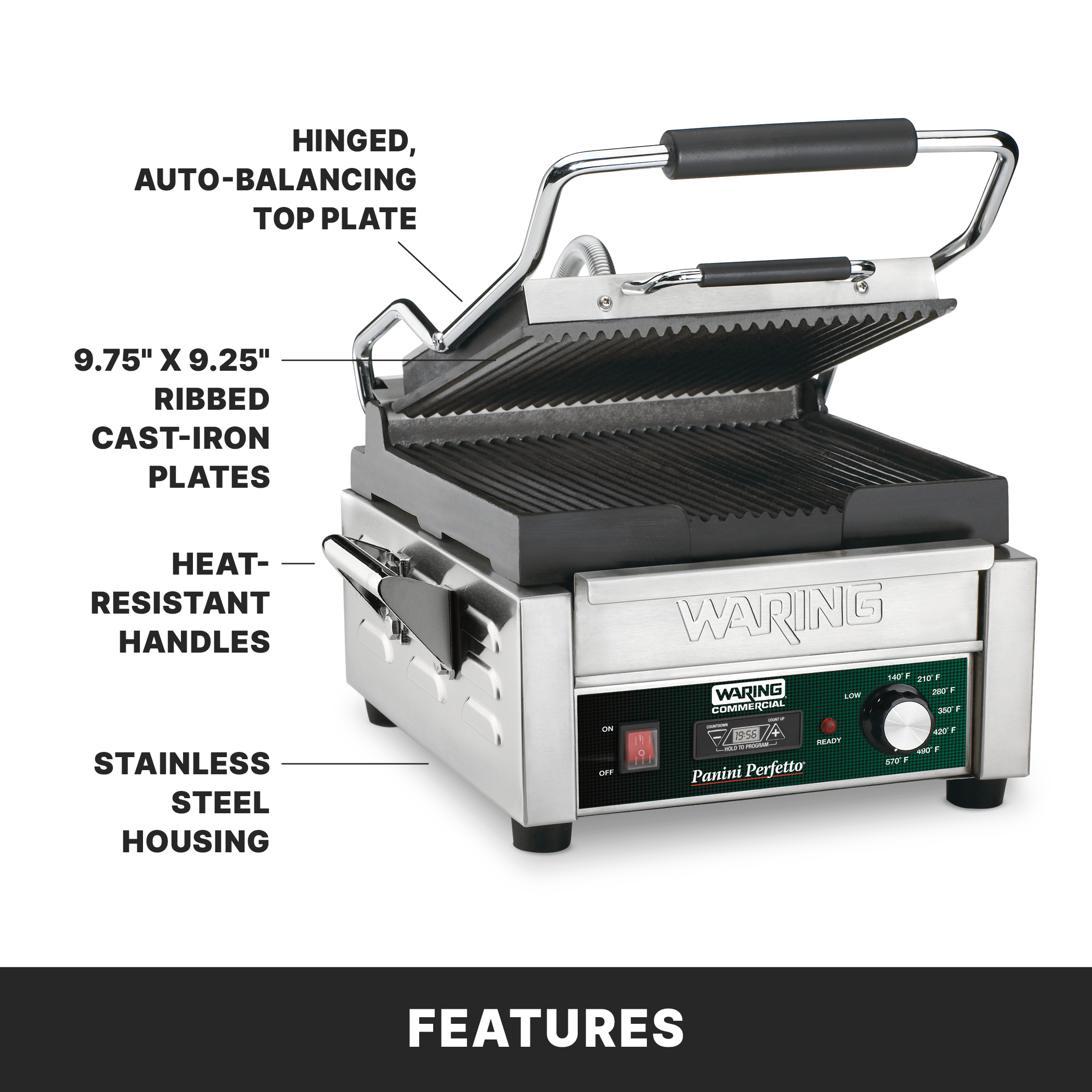 Ribbed Panini Grill with Timer, 9.75" x 9.25"